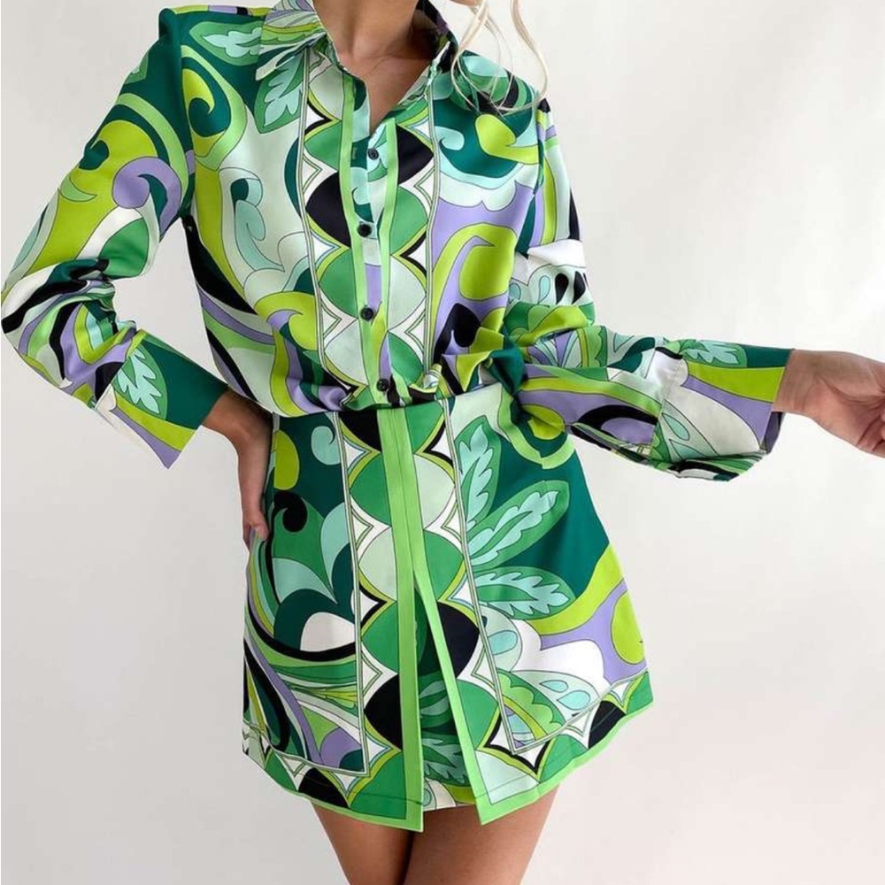 Zara Vibrant Green and Purple Mini Skirt + Blouse